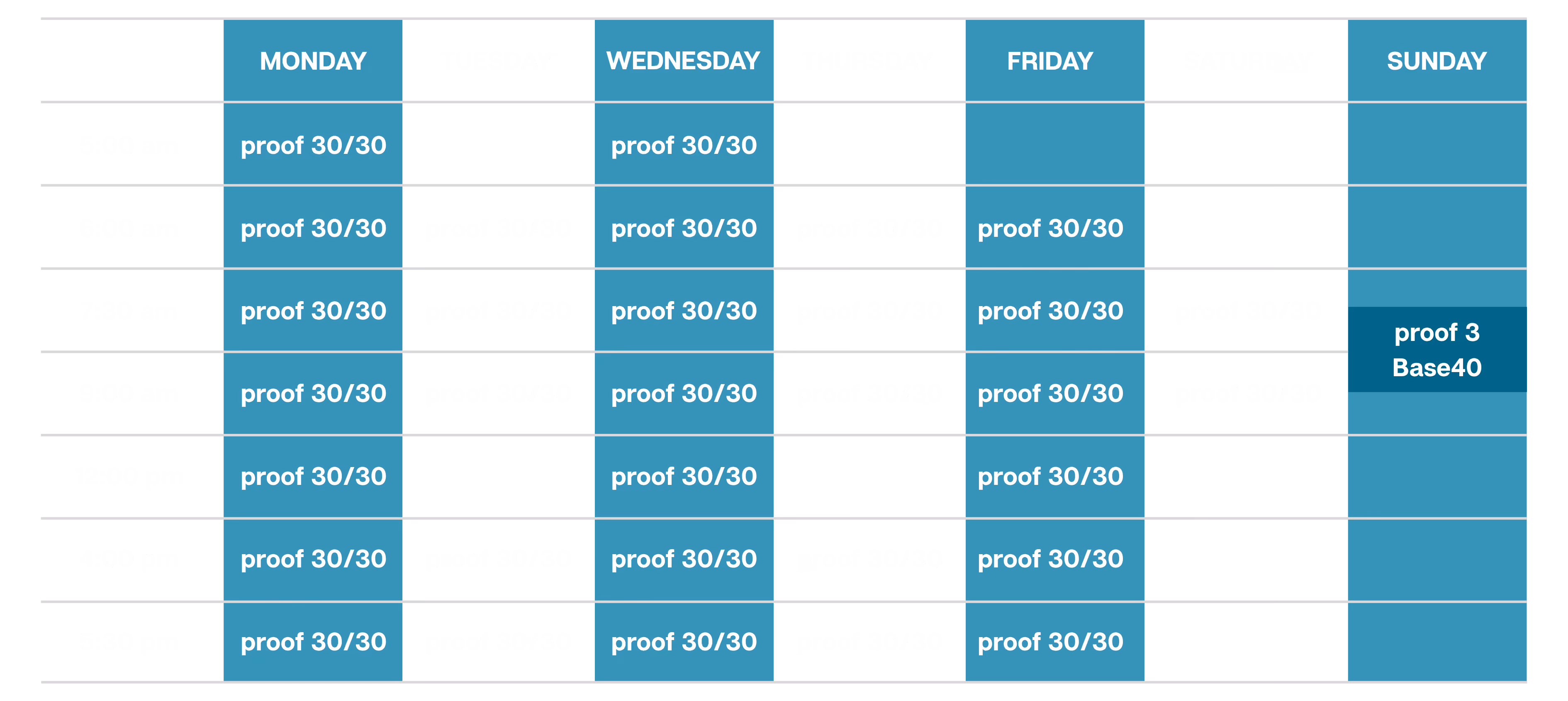 Weekly class schedule for proof3 gym showing proof 30/30 training sessions and proof 3 base class
