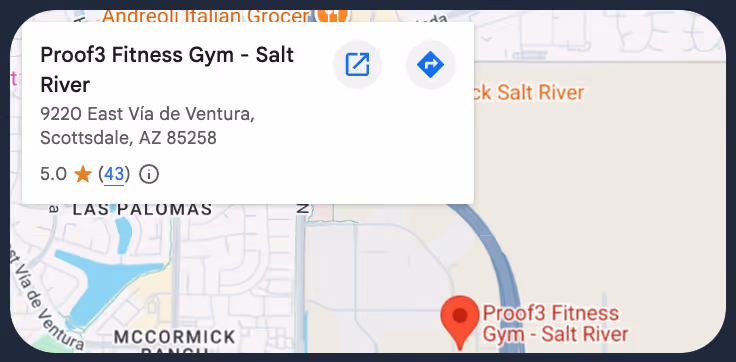 a google maps image showing proof3 salt river gym at the corner of 101 N/S and E Via De Ventura in Scottsdale, AZ