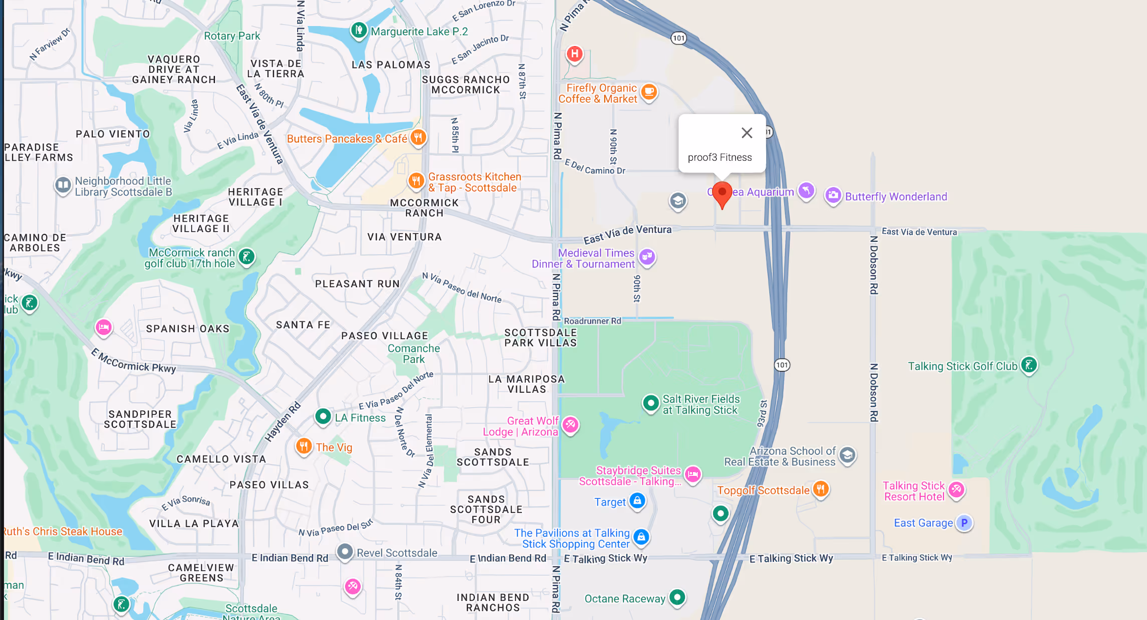 a google maps image showing proof3 salt river gym at the corner of 101 N/S and E Via De Ventura in Scottsdale, AZ