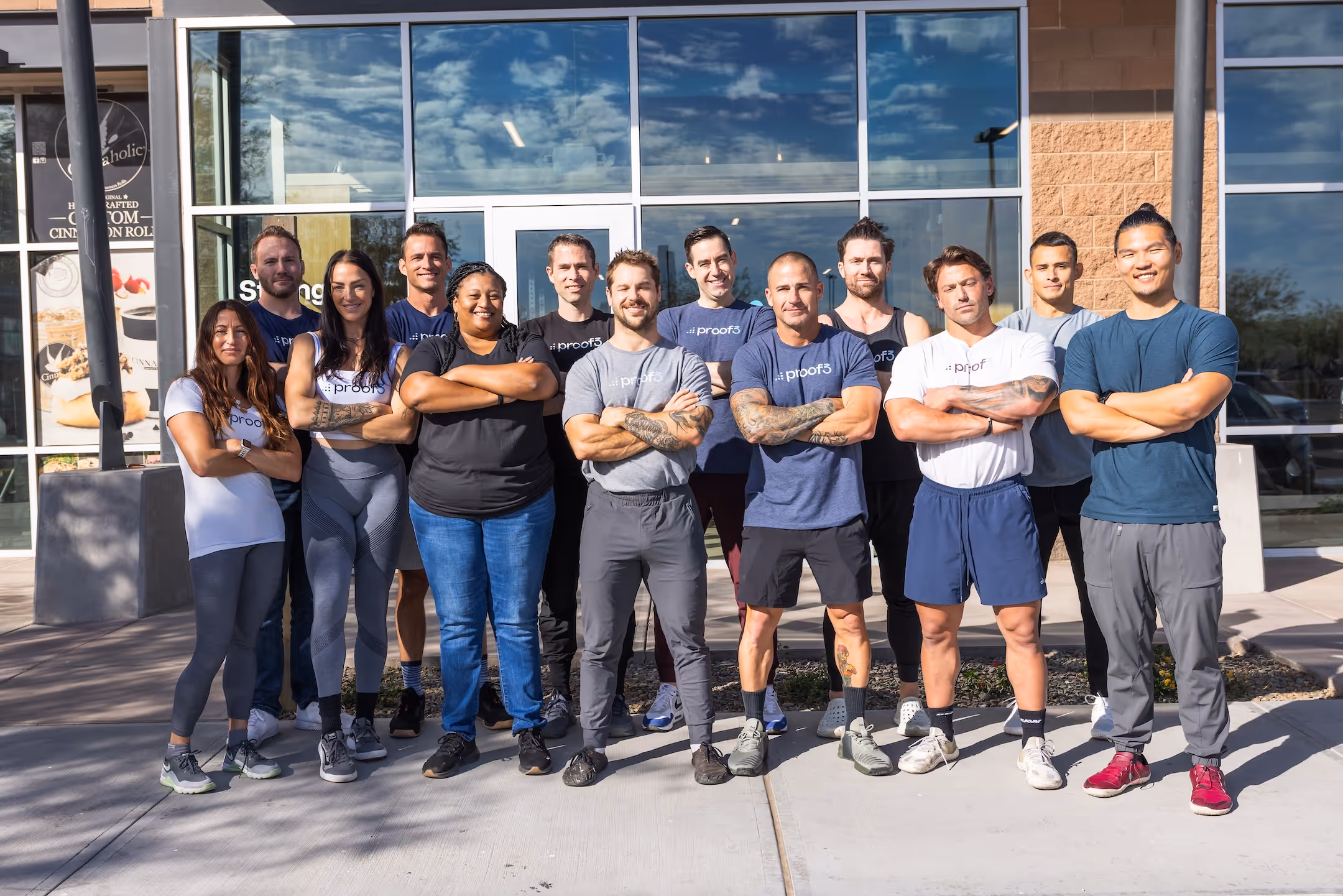 This is a photo of the whole proof3 team as of 2/20/25. The photo was taken in front of proof3 salt river gym in scottsdale, AZ.  